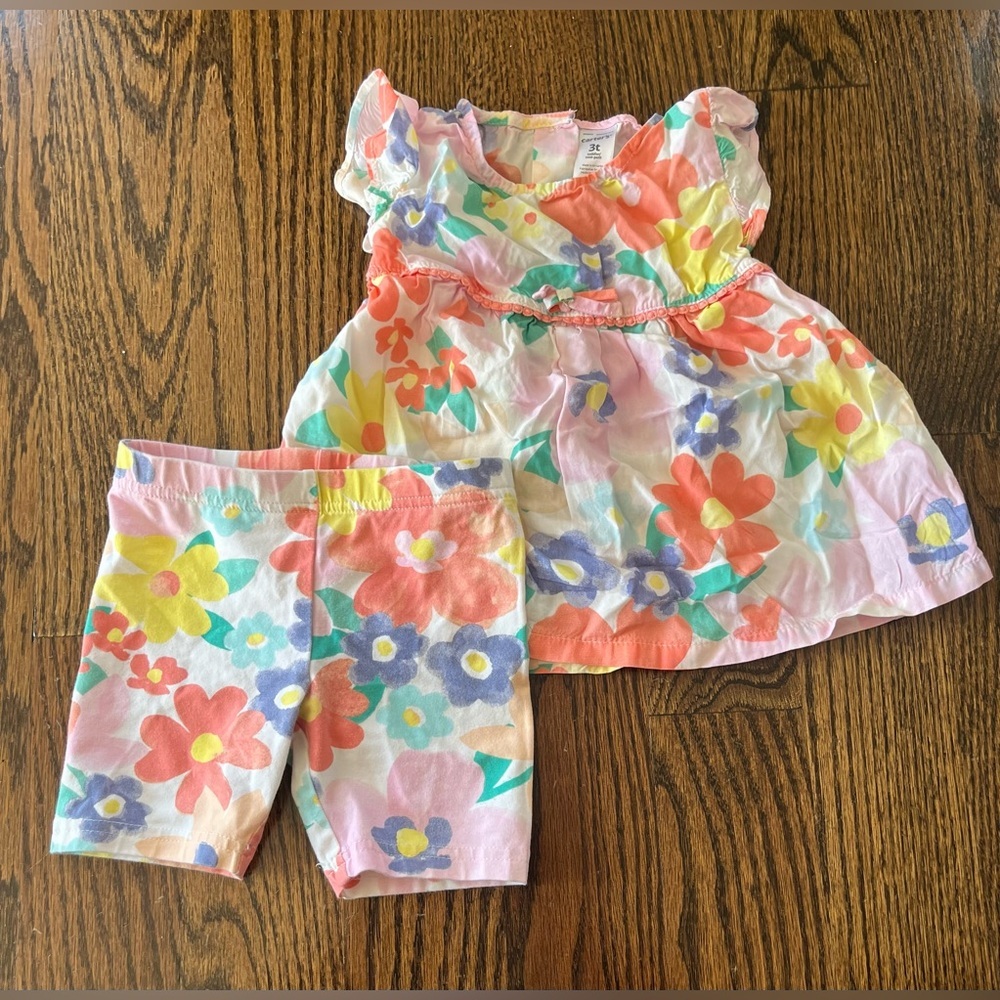 Carters toddler girl set of top and shorts size 3/4 floral pink cotton